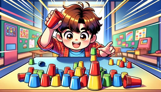DALL·E 2024-02-03 19.23.50 - A cartoon-style image of a child engaging in a speed cup stacking game. The scene is set in a brightly colored room filled with excitement. The child,